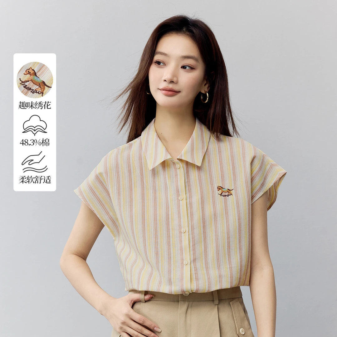【欧若智性风】茵曼夏季清新减龄绣花撞色条纹衬衣女气质小飞袖衬衫