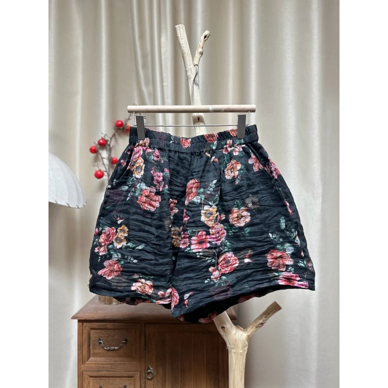 735必入苎麻双层印花凉感显瘦短裤（裤长45臀围130）