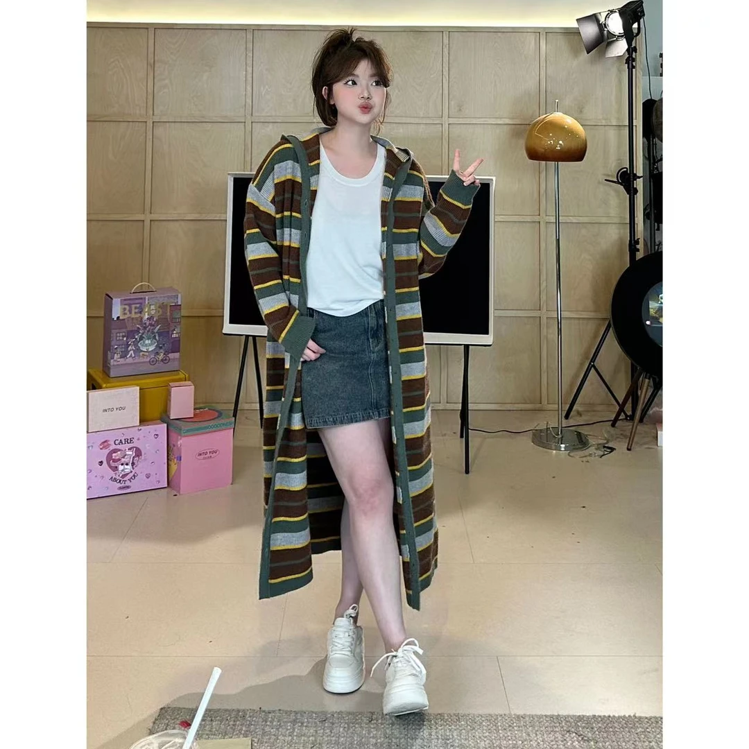 晶咕【长情告白】慵懒风撞色条纹针织连帽开衫外套长袖针织衫