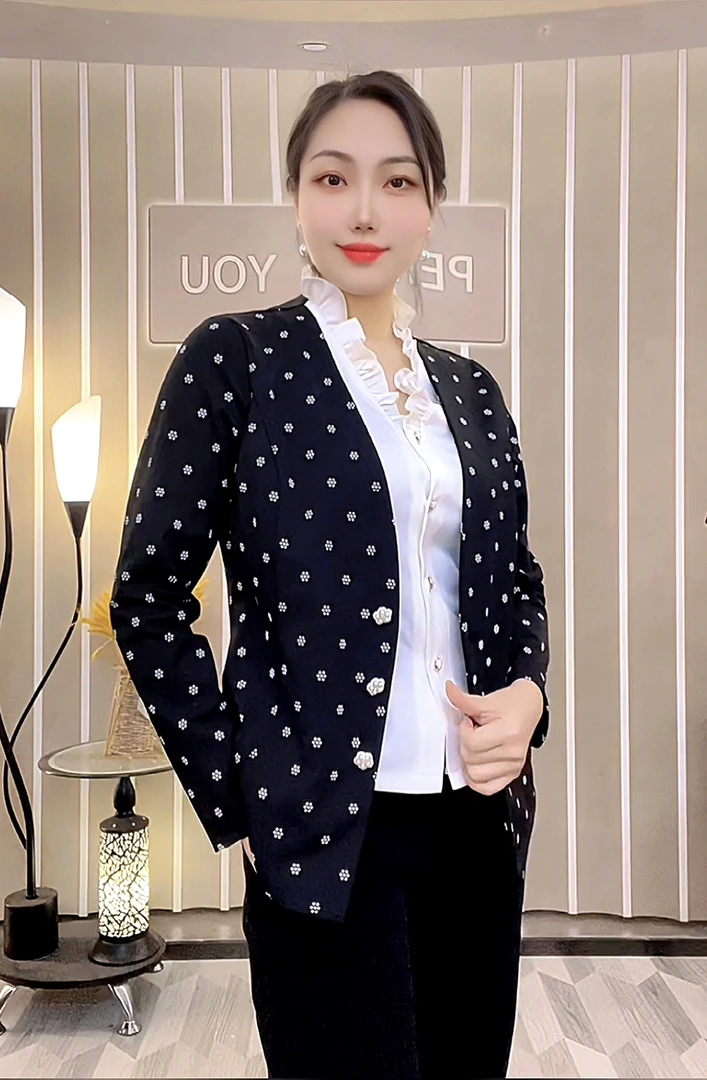 【连体假两件】春夏新品百搭上衣时尚休闲长袖黑色波点女士外套7806