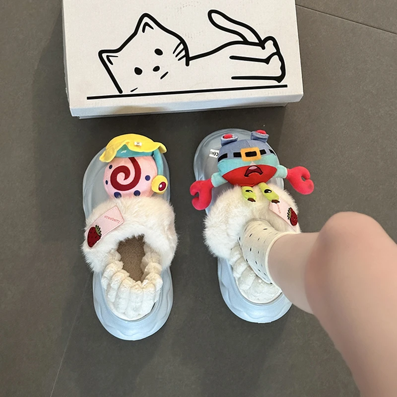 可爱卡通毛绒圆头松糕底棉鞋女款2025冬季新款厚底防滑保暖一脚蹬