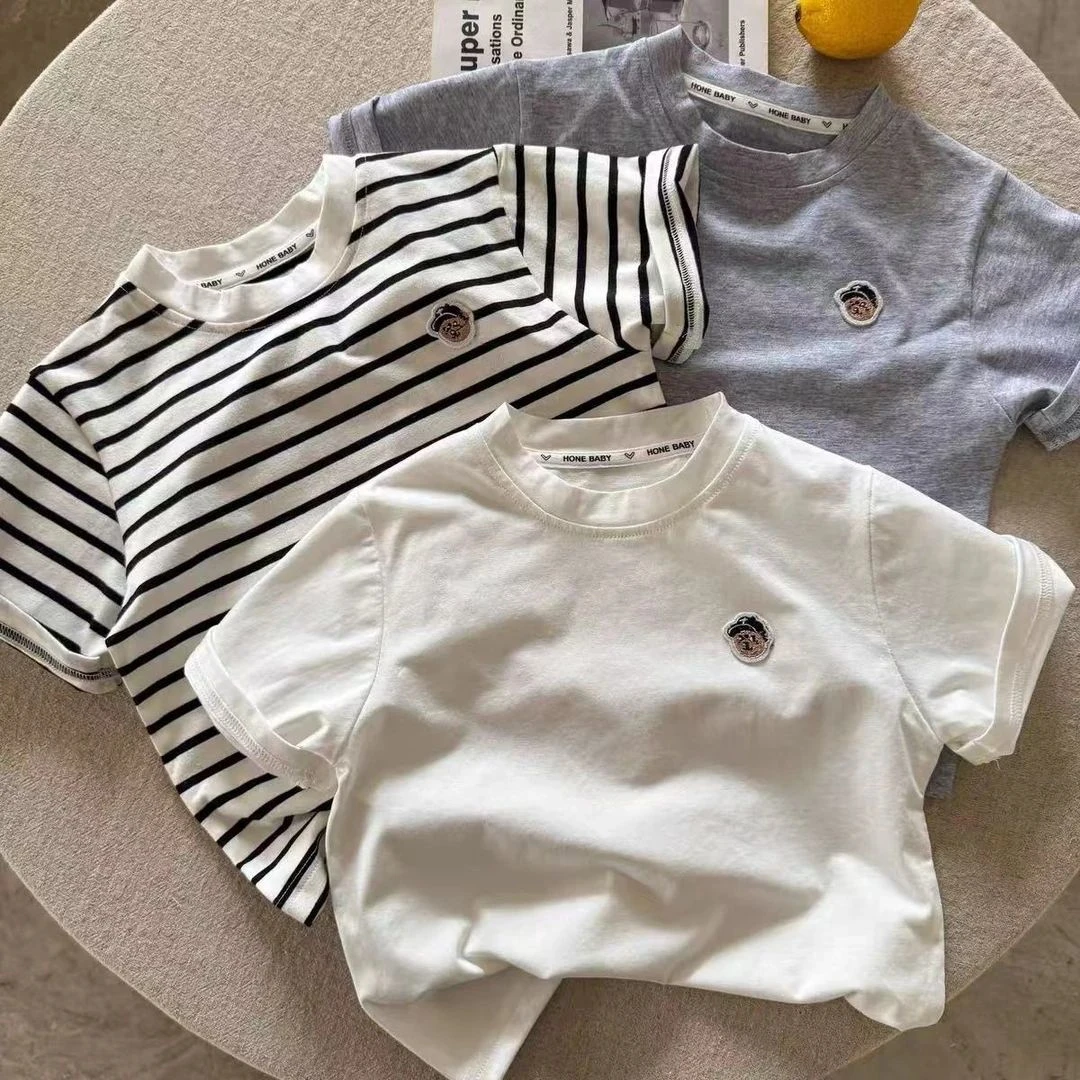 纯棉儿童条纹短袖T恤宝宝上衣薄款夏季2025新款绣花卡通小熊百搭