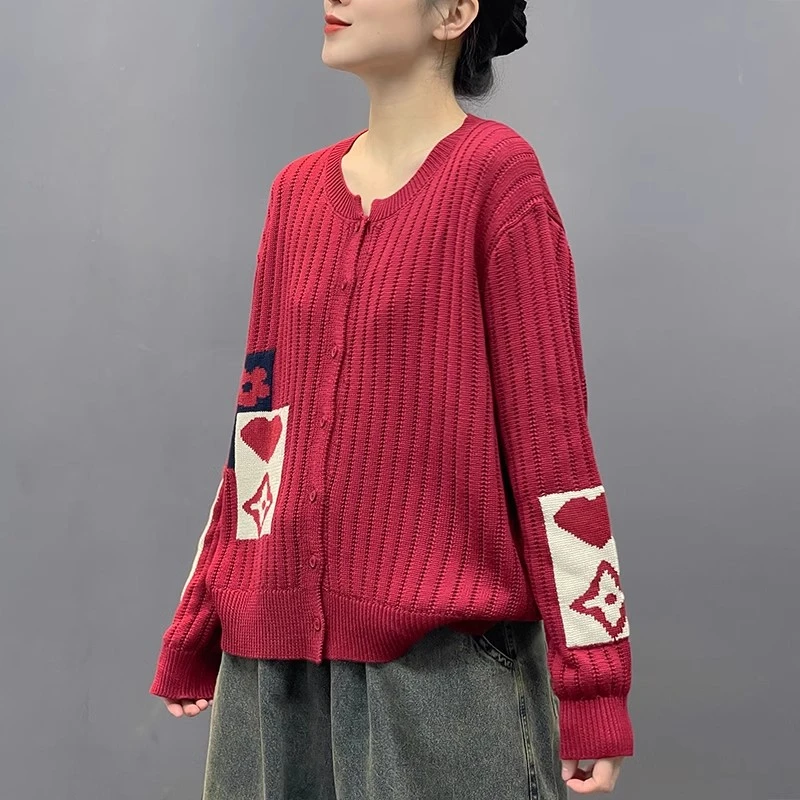 2025新款韩版简约百搭减龄彩绘提花圆领棉线针织开衫外套女