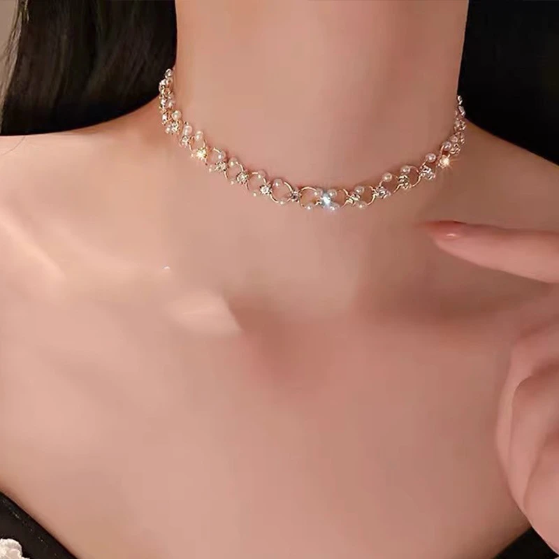 合金锆石项链 晚宴晚会成人礼镶嵌珍珠超闪流苏项链女锁骨链颈链