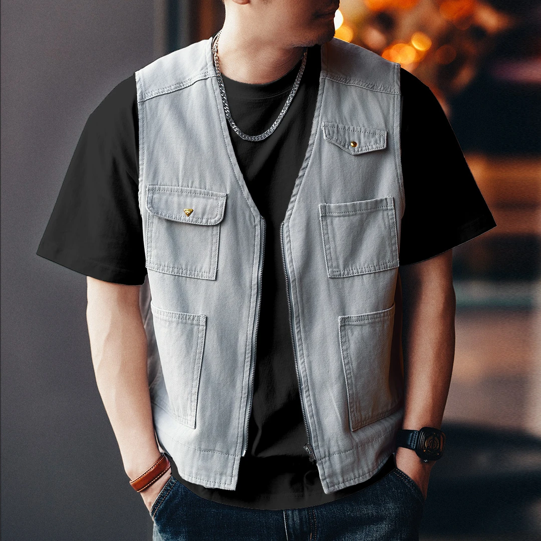 格蓝鹿美式复古牛仔马甲男款春秋潮牌宽松户外无袖坎肩背心外套男