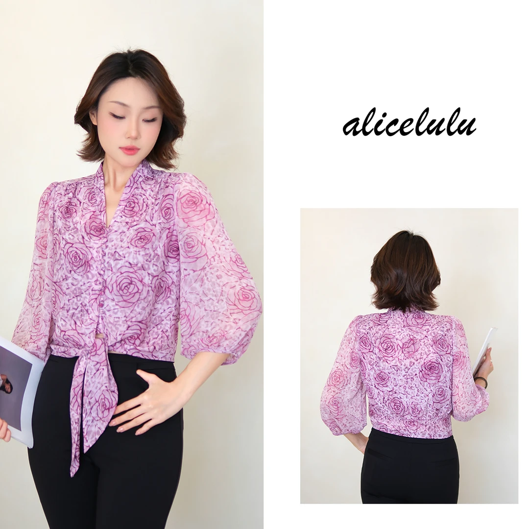 [alicelulu]法式度假风气质玫瑰V领系带长袖衬衫S2143626E