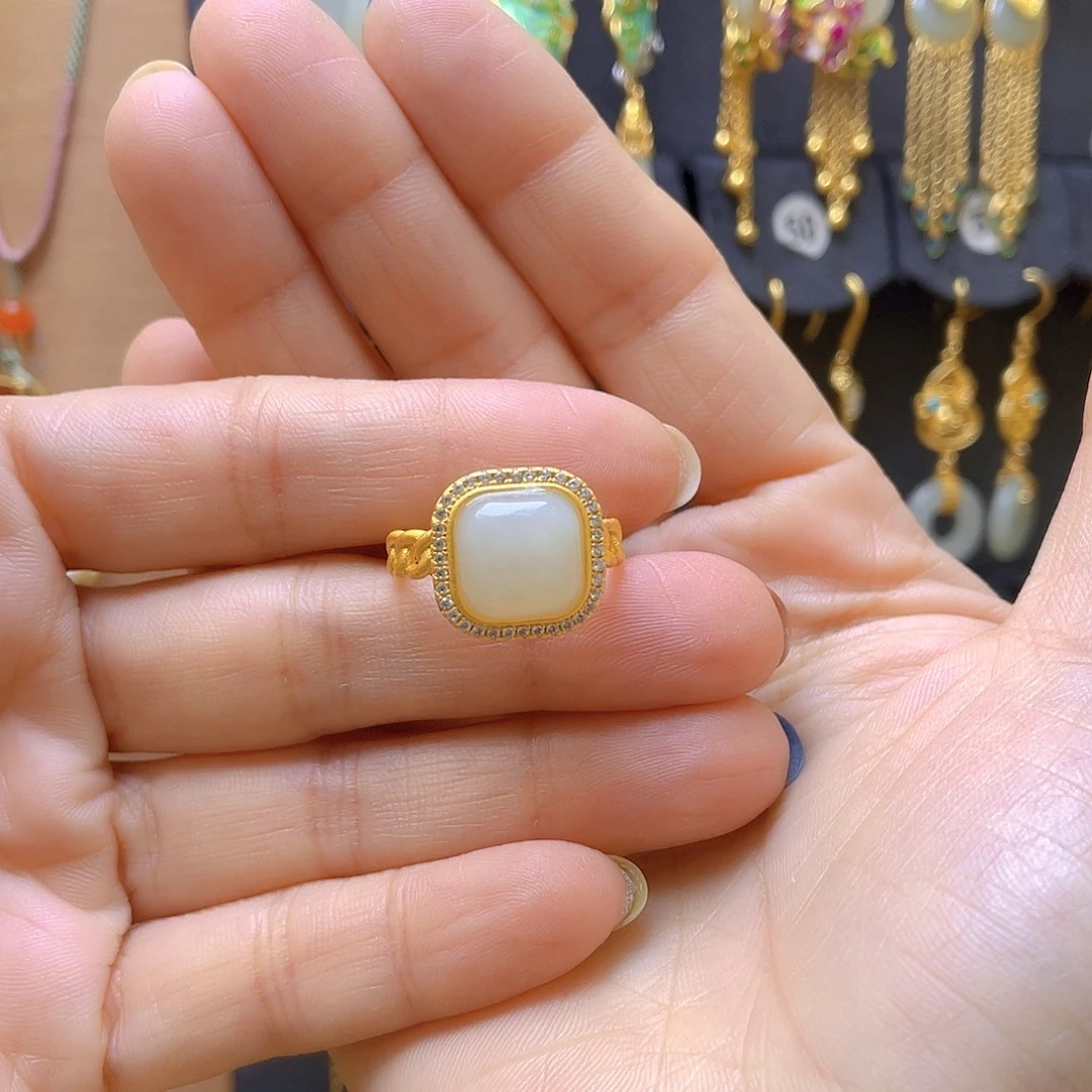 和田玉银S925镀金镶嵌戒指