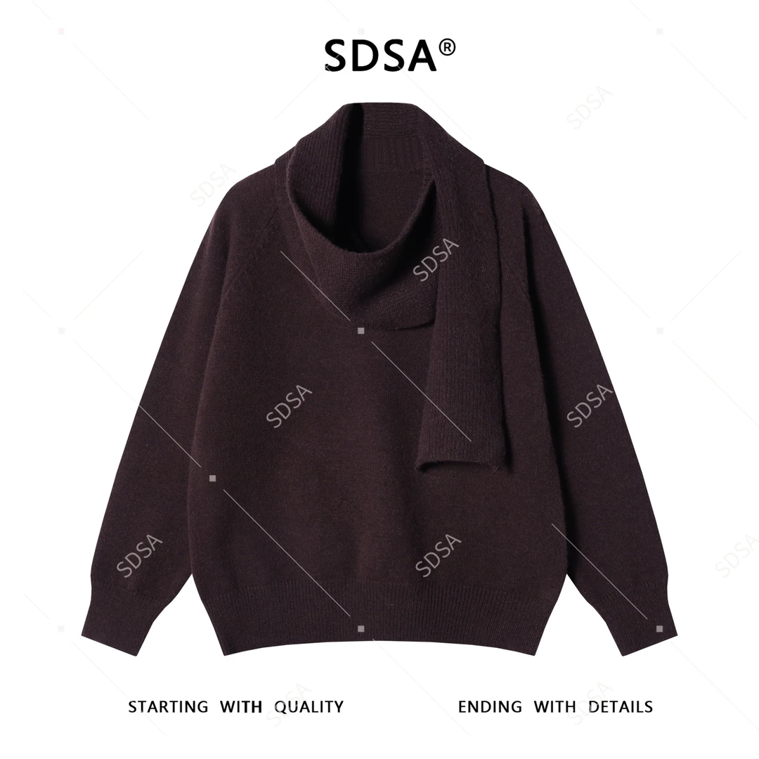 SDSA秋冬新款痞帅男装美式复古可拆卸围巾V领毛衣百搭时尚针织衫