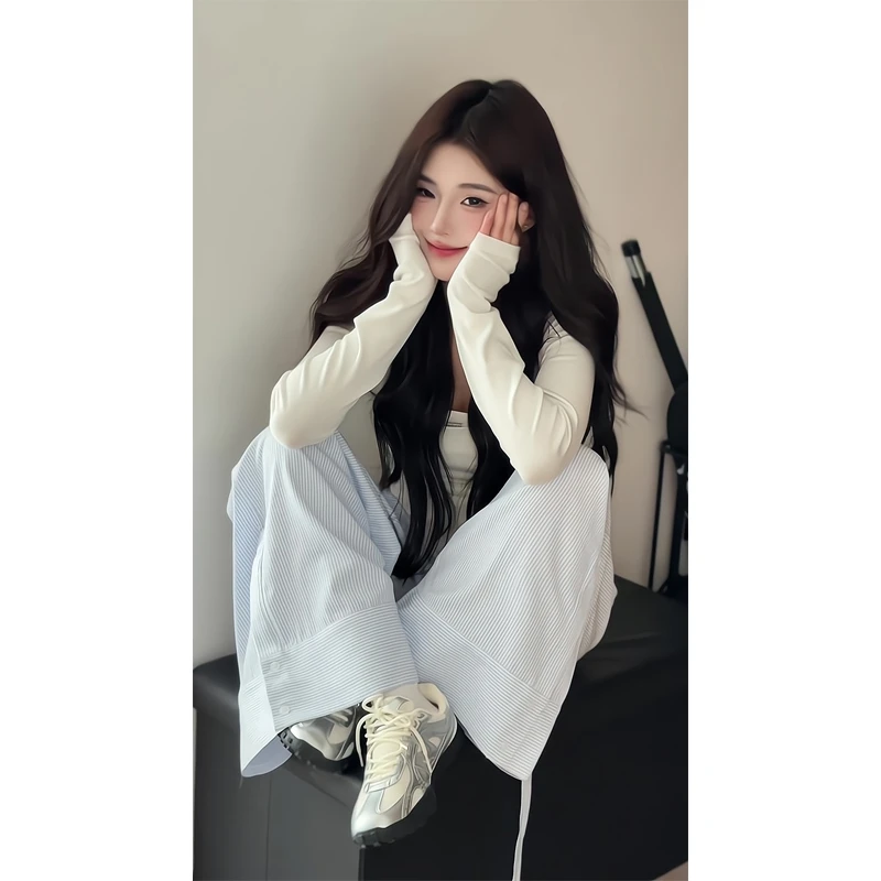 夏季针织防晒小罩衫长袖t恤上衣内搭吊带背心条纹宽松垂感长裤女