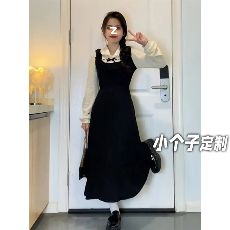 150小矮个子法式复古拼接假两件连衣裙女秋显瘦收腰xs中长款a字裙