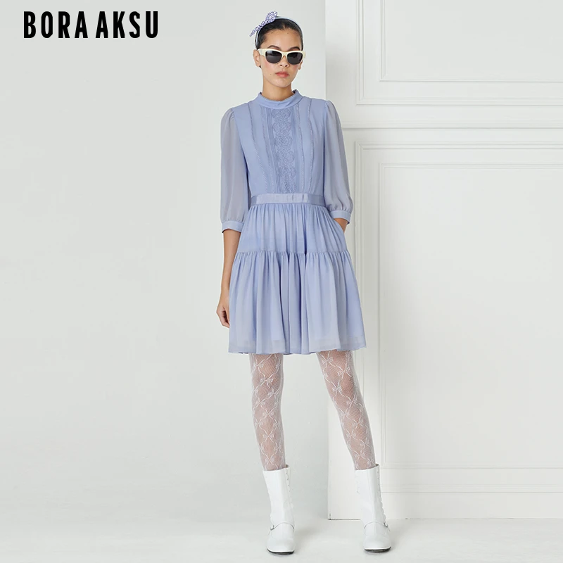 商场同款BORA AKSU夏气质蓝泡泡袖蕾丝花边褶裥连衣裙B1DCW63150