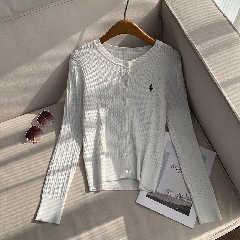 【南油溪溪】白色圆领麻花针织开衫时尚气质刺绣慵懒感上衣801088