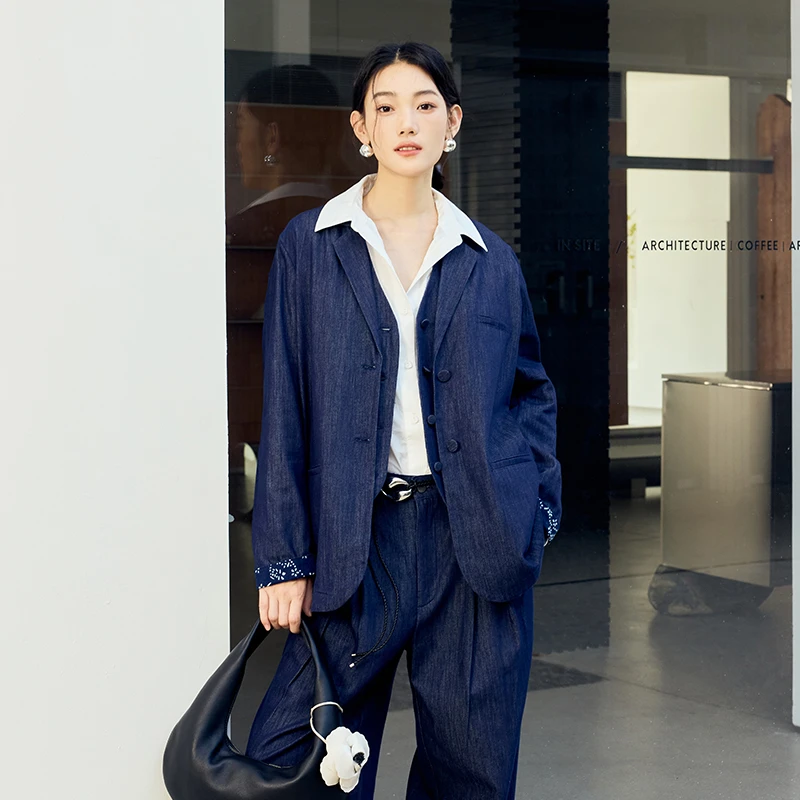 【双12】生活在左棉混纺小西装拼蓝印花布传统复古2025春季1951079