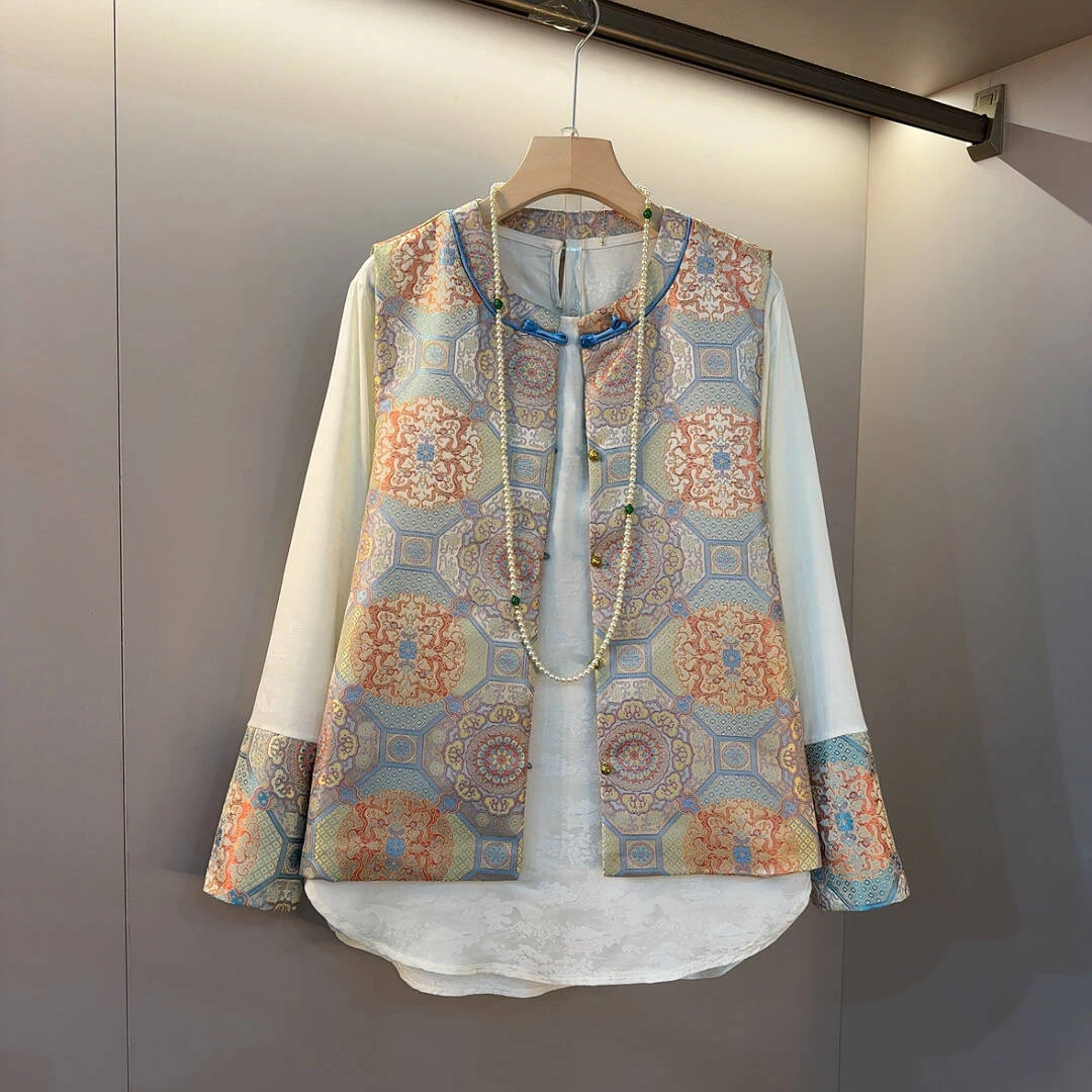 2025中国风盘扣工艺端庄气质复古印花马甲百搭大码套装（衣长66）