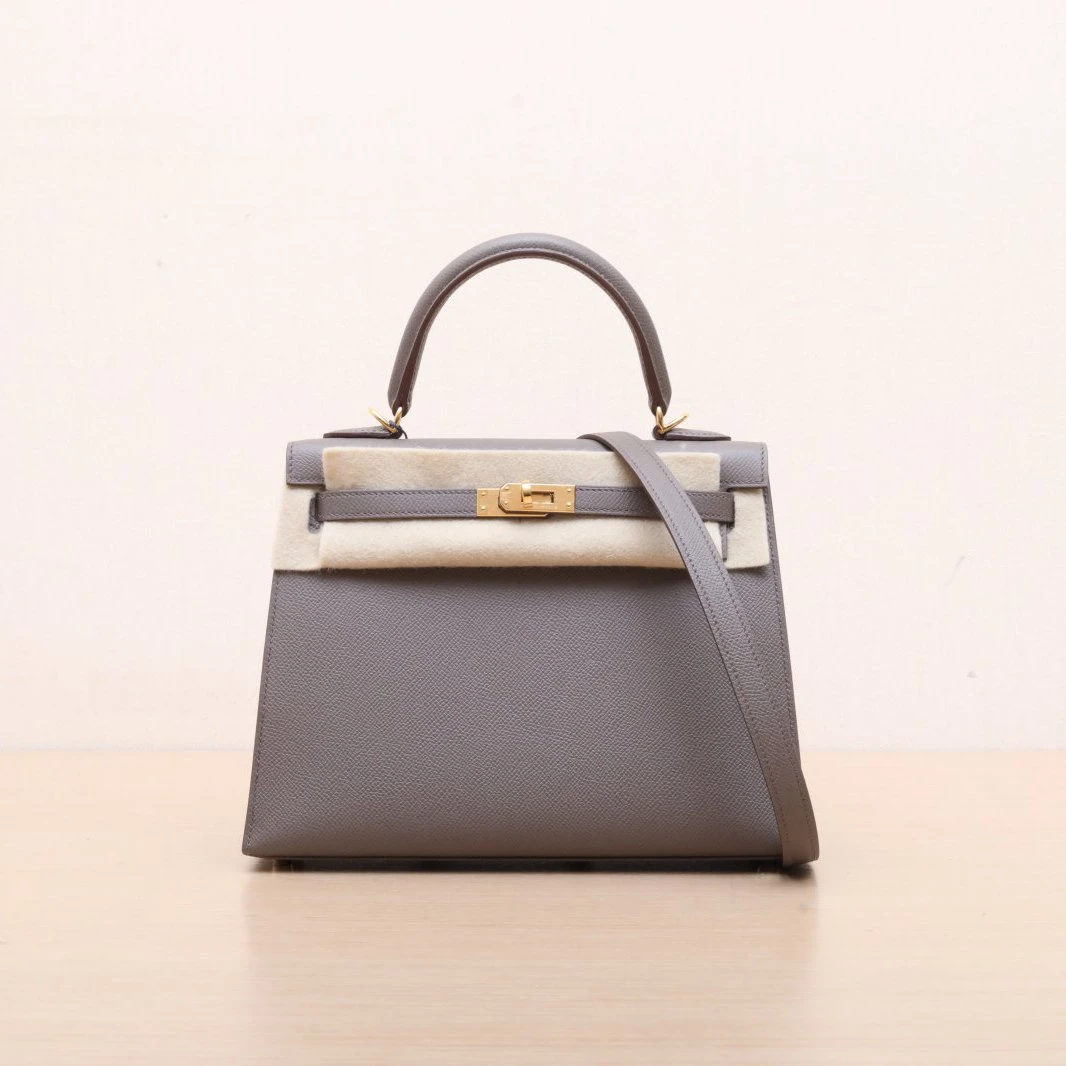 99新 Hermes/爱马仕 小花6珊Kelly 25 锡器灰 Epsom皮 Z刻 金扣包