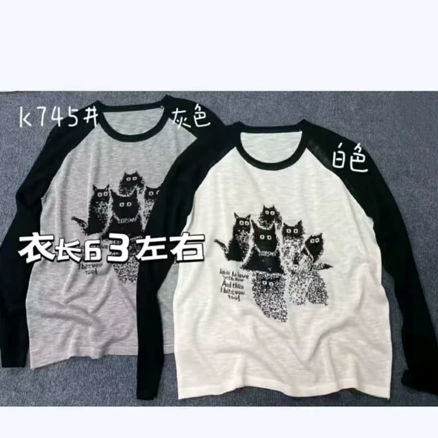 长袖常规款女卡通拼色小猫百搭欧美风宽松圆领T恤