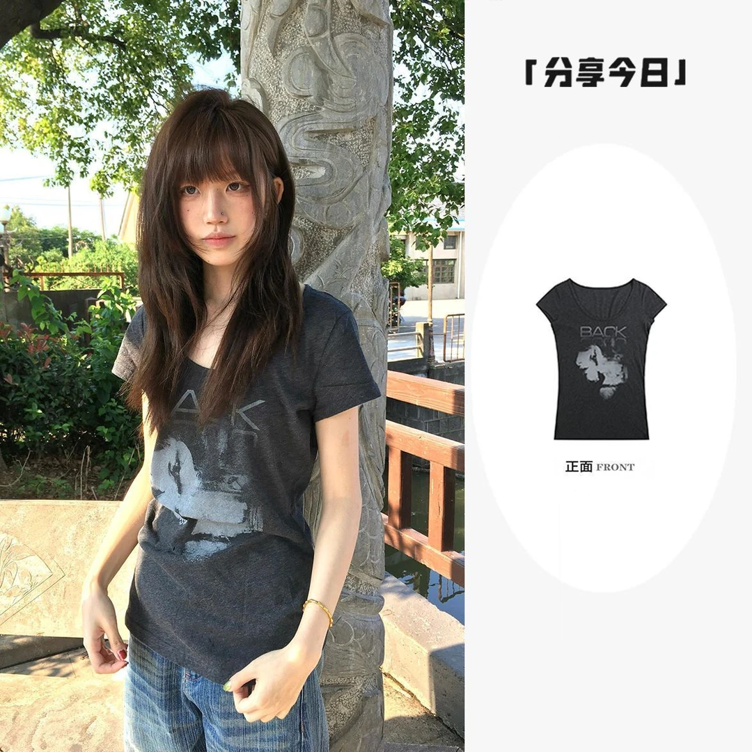 美式复古人像印花灰色短袖T恤女夏季新款小众设计感辣妹修身上衣