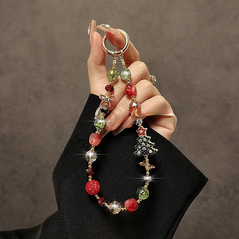 时尚圣诞款手机挂绳奢华闪钻水晶串珠手机链挂件短款手腕手提挂链