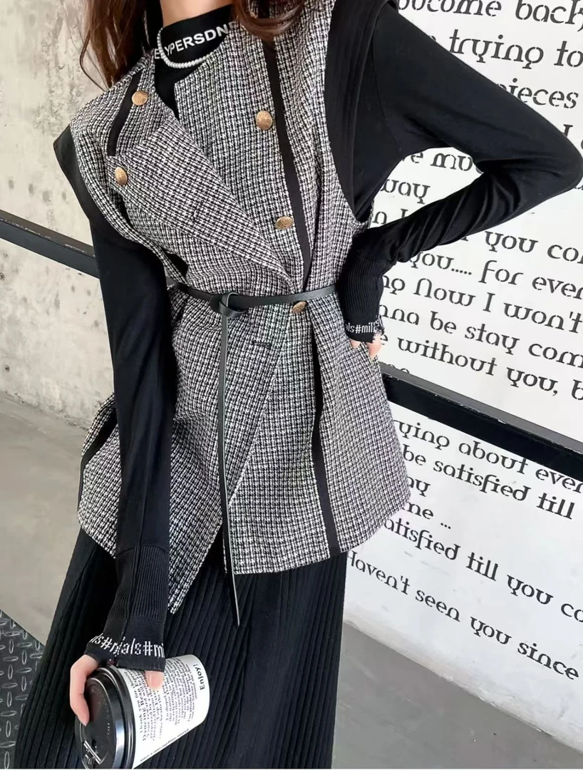 M胸108长70上衣黑白百搭休闲复古收腰显瘦千鸟格马夹 7800