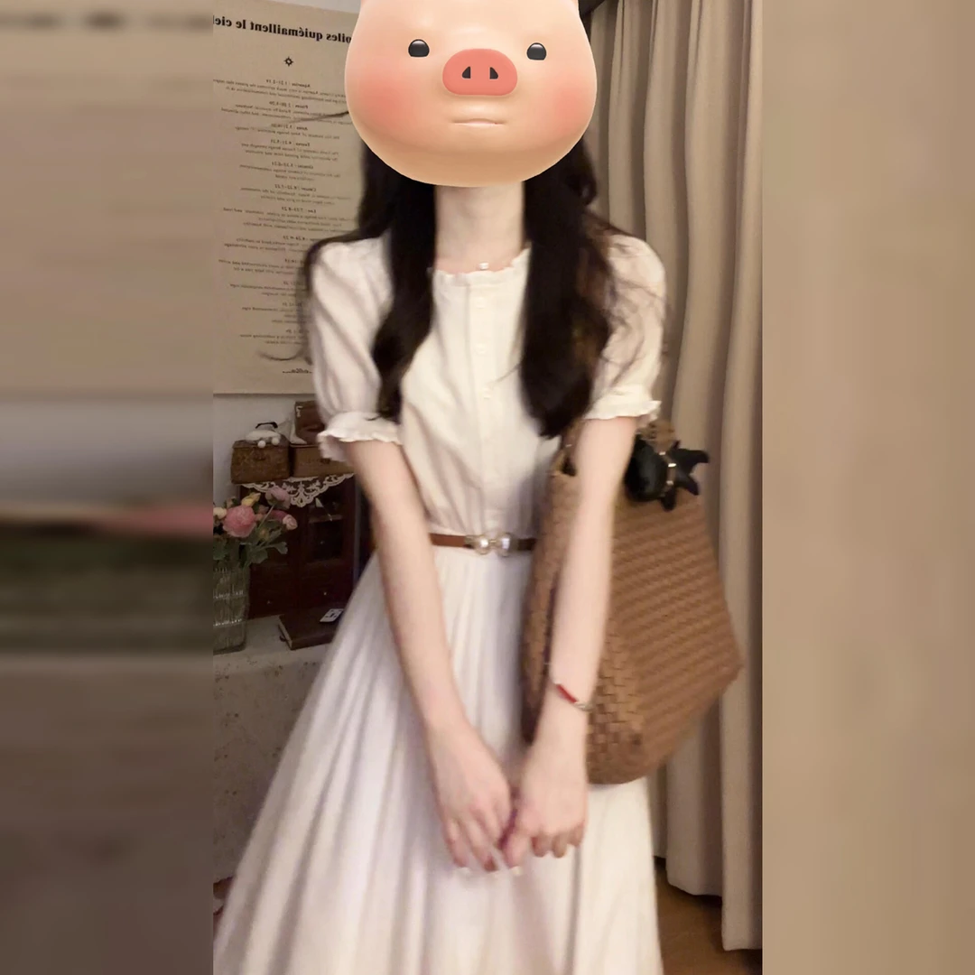 4058法式温柔风白色短袖连衣裙子女夏季2025新款今年流行收腰长裙