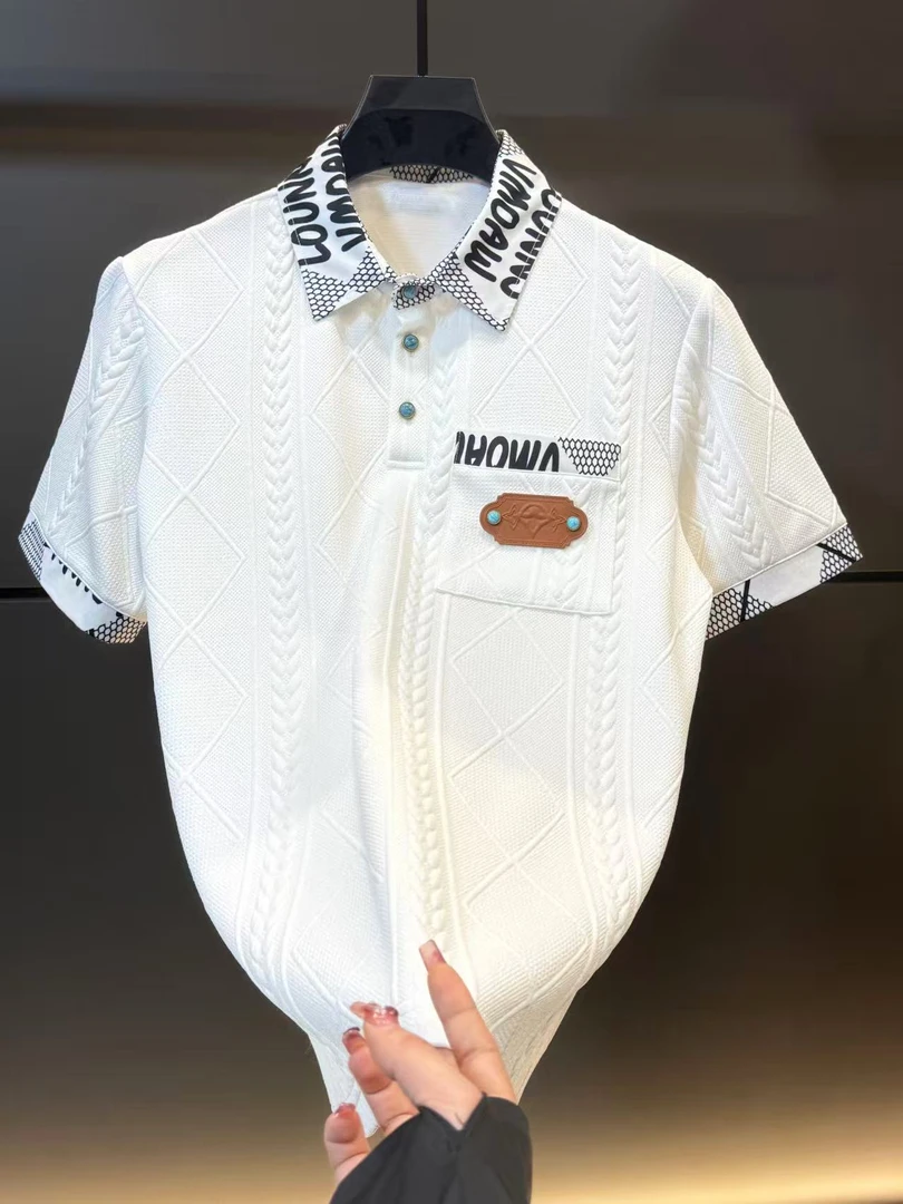 夏季轻奢欧美风Polo衫男装老钱风男装高级感男士白色半袖翻领6008