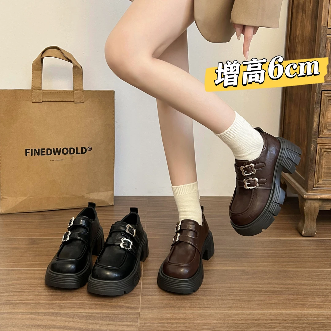 厚底增高粗跟黑色英伦风小皮鞋女2025新款春秋季小个子乐福鞋单鞋