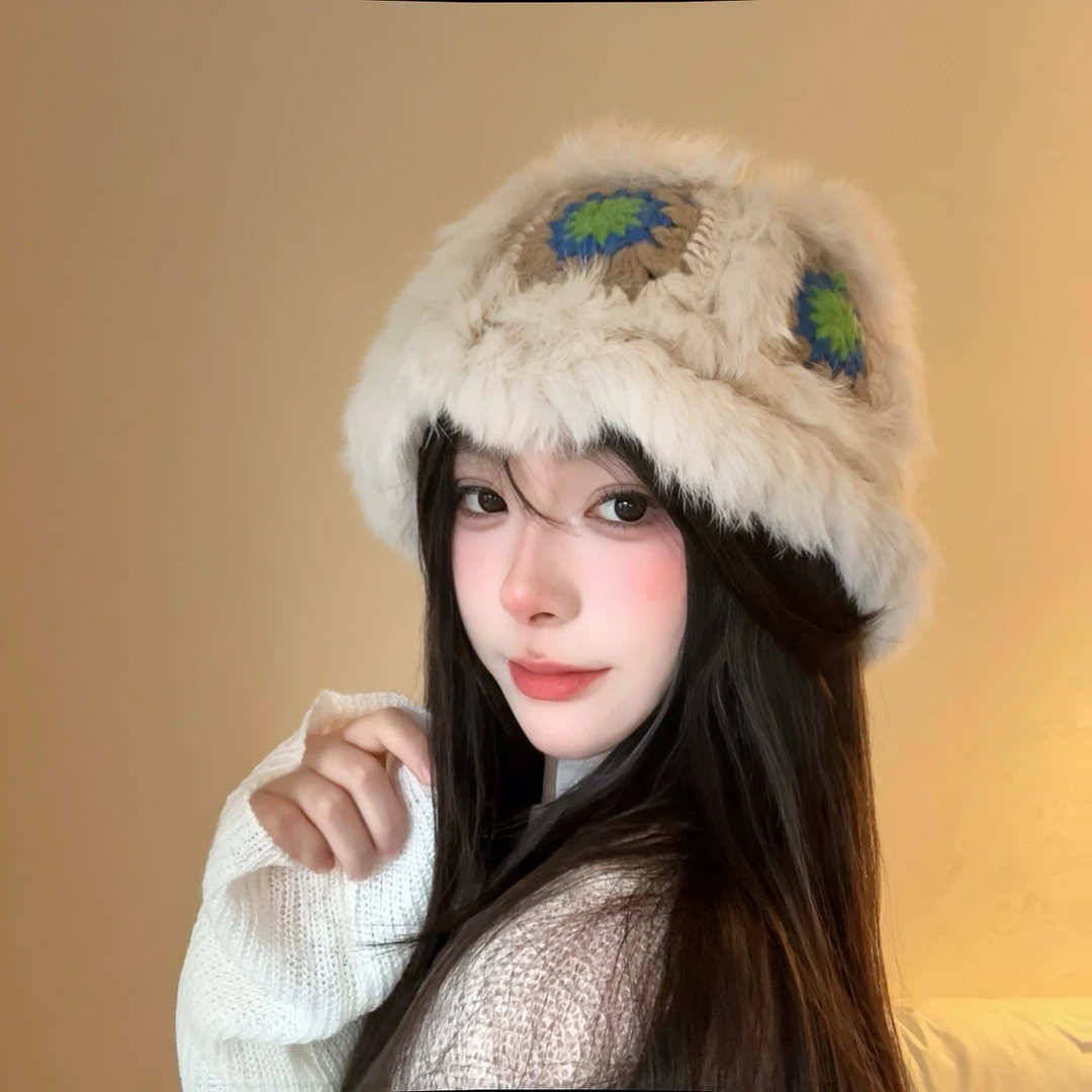 新款兔毛帽毛毛帽子女冬季保暖针织大头围韩系加厚保暖显脸小毛线