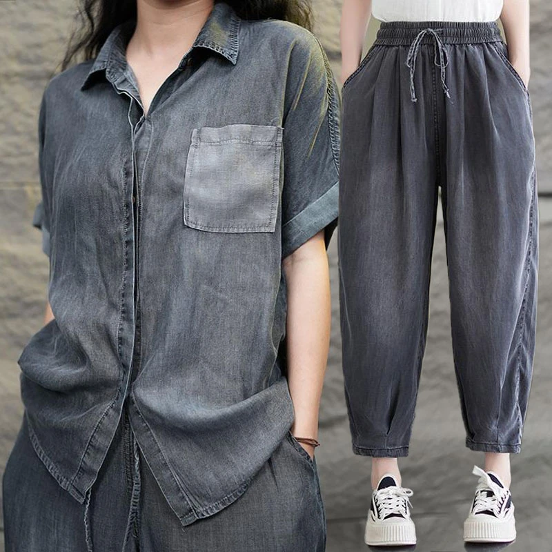 8709-362套装黑2025夏季新款天丝短袖衬衫裤子百搭上衣九分裤