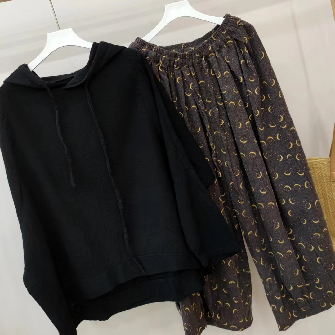 硿花棉麻阔腿裤高腰甩裤宽松裙裤九分裤子女K218