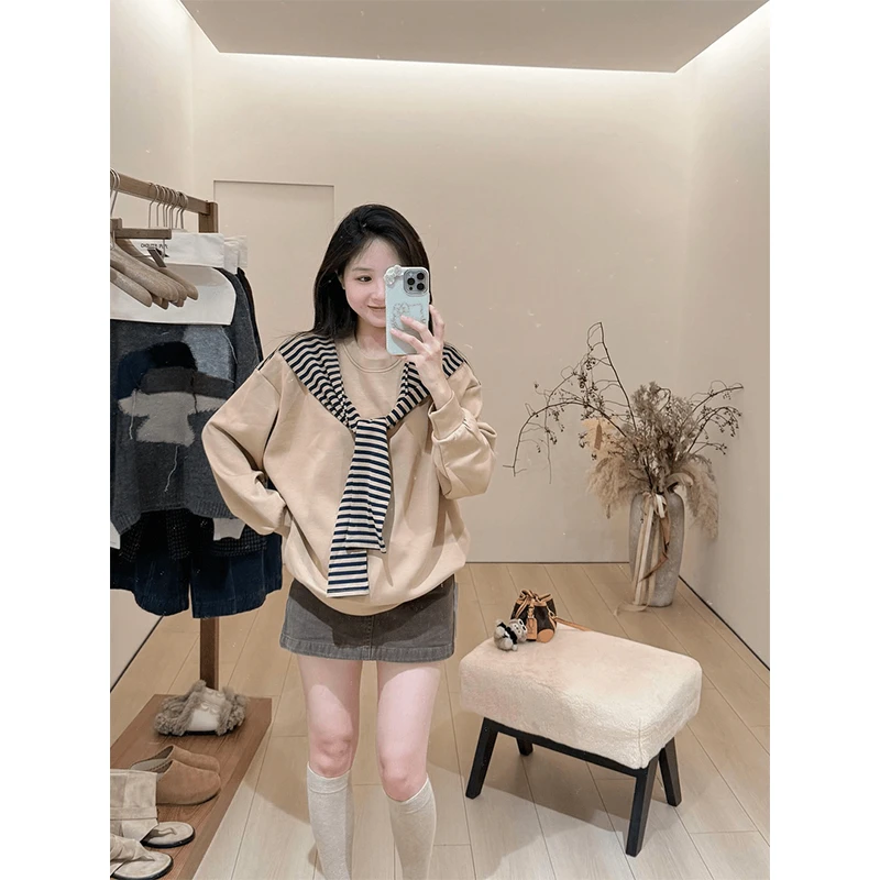 2025秋季韩系穿搭长袖上衣条纹披肩圆宽松卫衣女高腰a字半身短裙