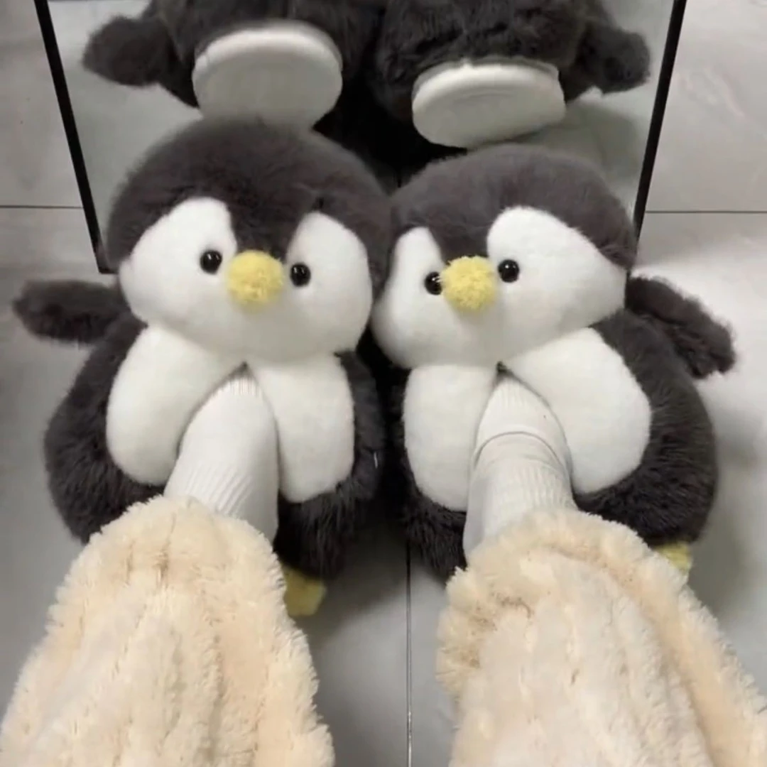 企鹅玩偶棉拖鞋秋冬天女士室内居家厚底包跟可爱保暖毛拖外穿棉鞋