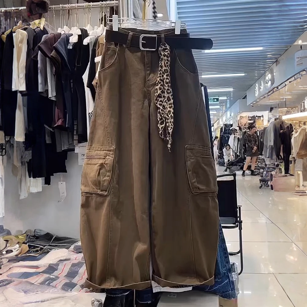 欧货侧兜工装阔腿牛仔裤女2025秋季新款高腰宽松显瘦百搭弯刀裤子