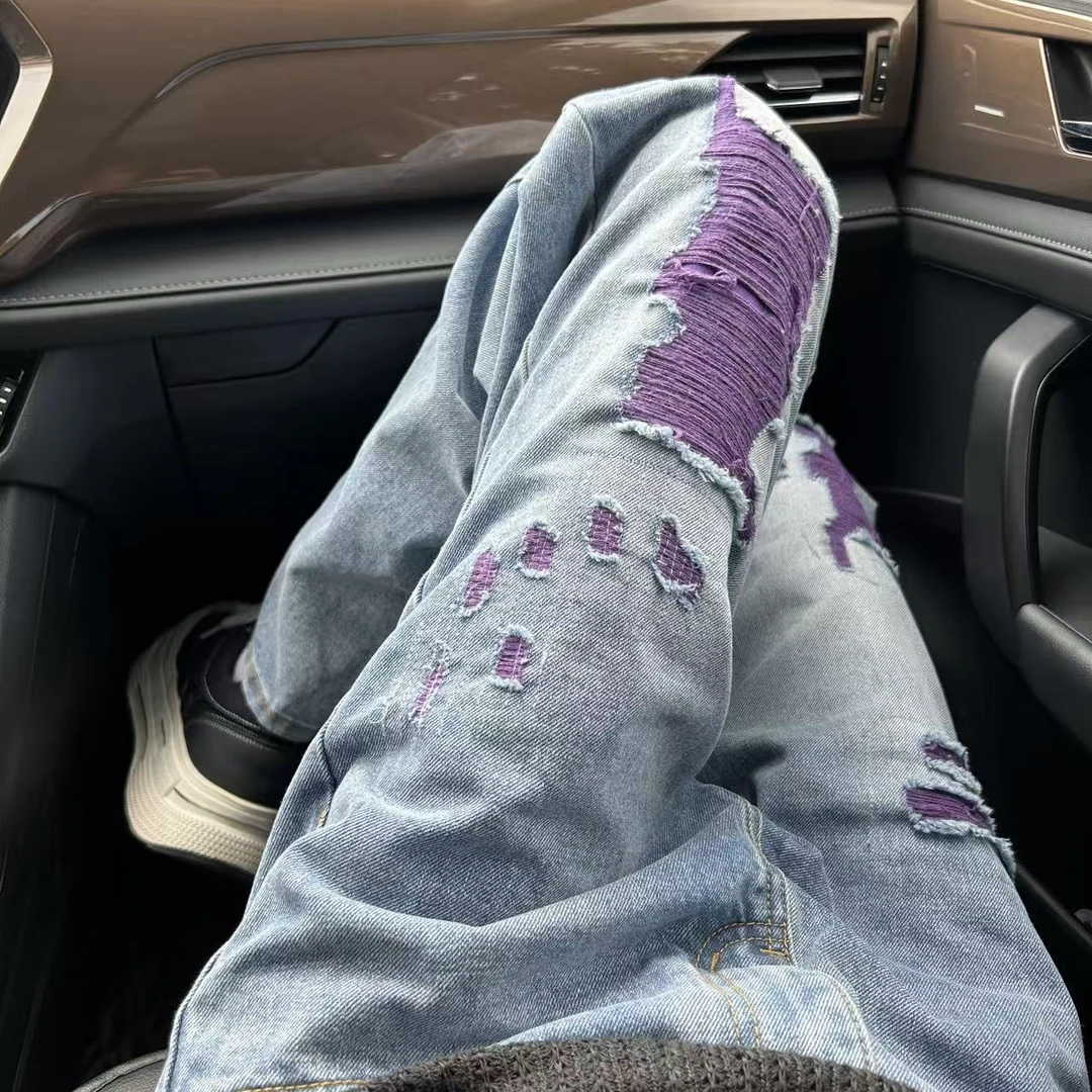 2025早秋vibe潮牌痞帅紫色破洞牛仔裤男宽松直筒美式街头阔腿长裤