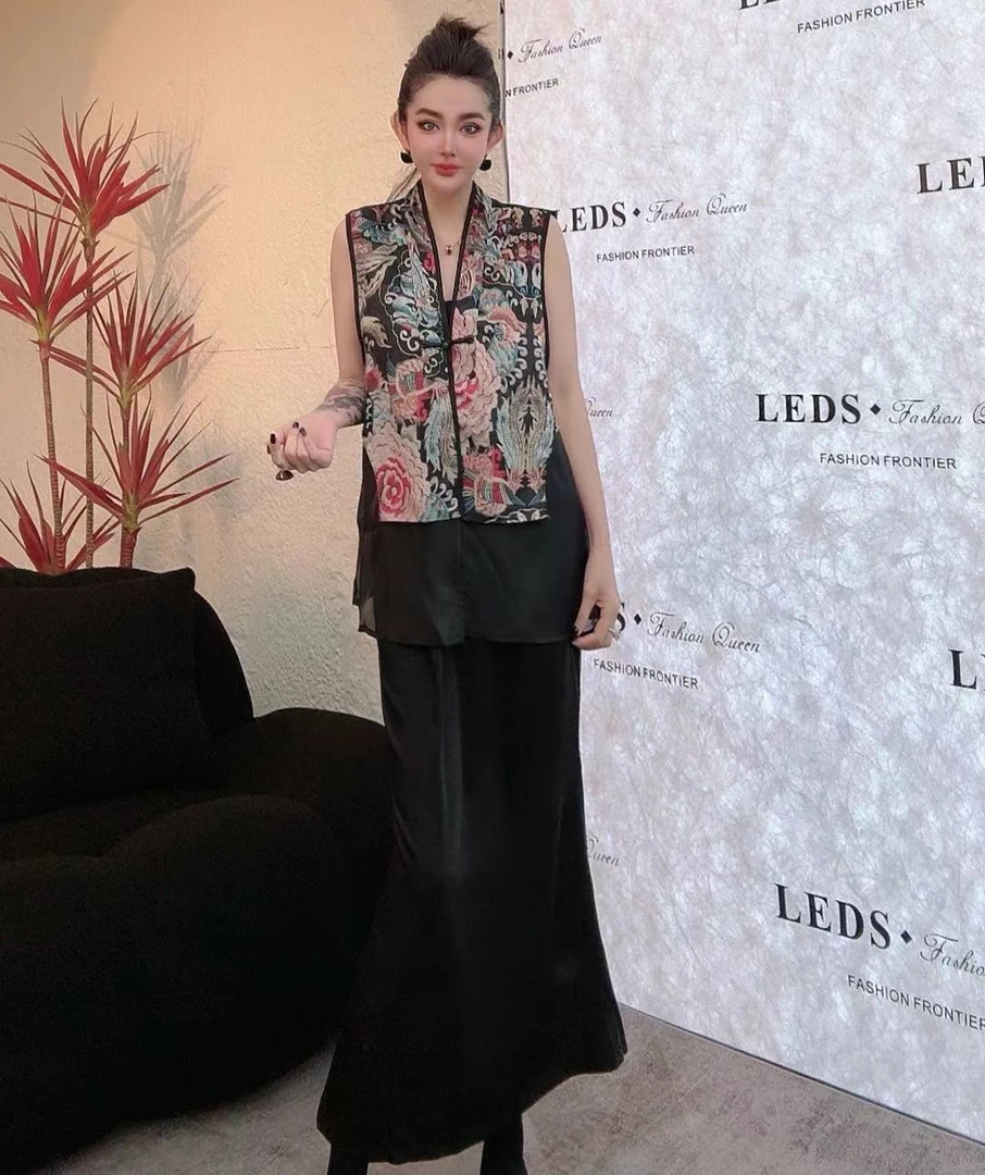 LEDS  LX035夏季百搭薄款无袖唐装气质国风复古裙套装