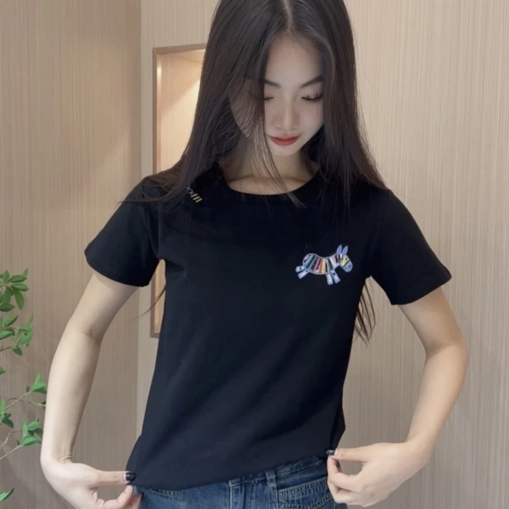 【刺绣小马】2025夏季新款短袖T恤女显瘦百搭休闲上衣