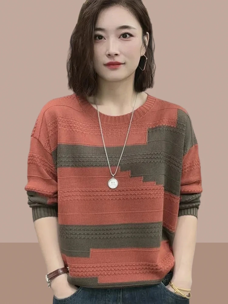 圆领拼色针织衫女2025春秋新款洋气减龄小众韩版休闲百搭显瘦上衣
