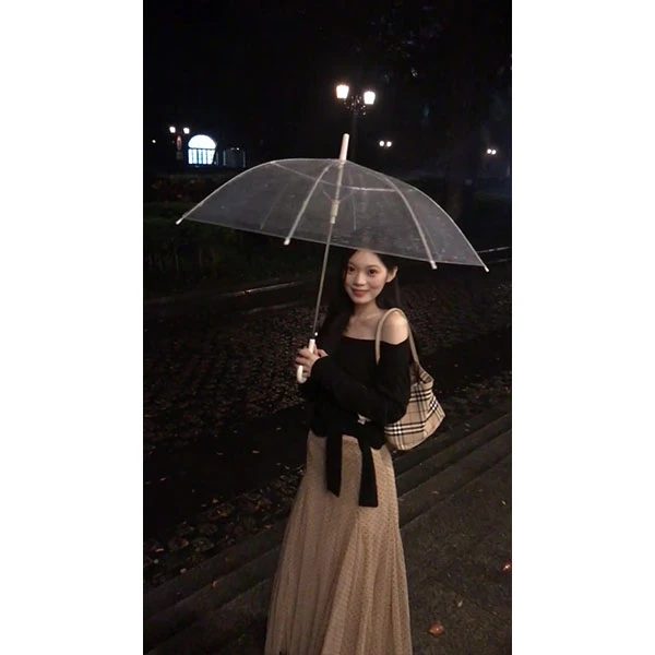 巨好看的套装女秋季黑色一字肩长袖T恤穿搭波点网纱半身裙两件套