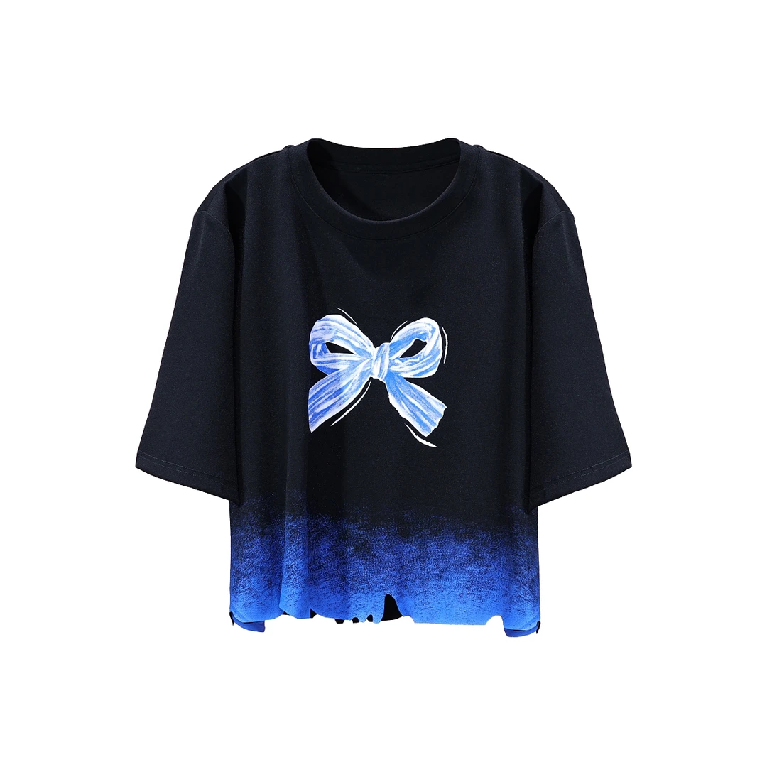 【韩哥女装】设计师新品午夜黑渐变印花不规则下摆时尚短T恤7777A