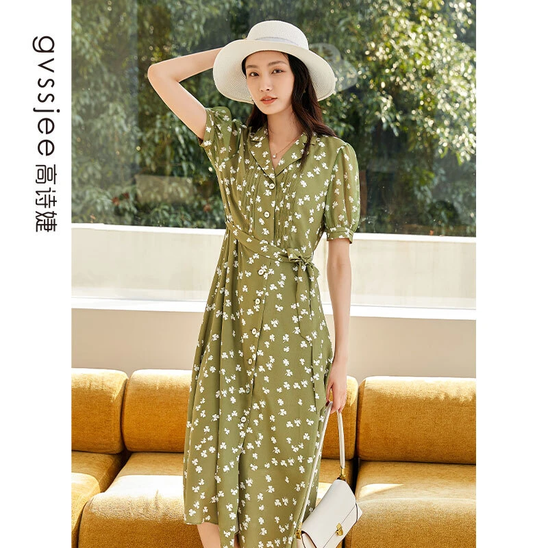 高诗婕夏季西装领碎花连衣裙女茶歇裙子夏天连衣裙232563136-50