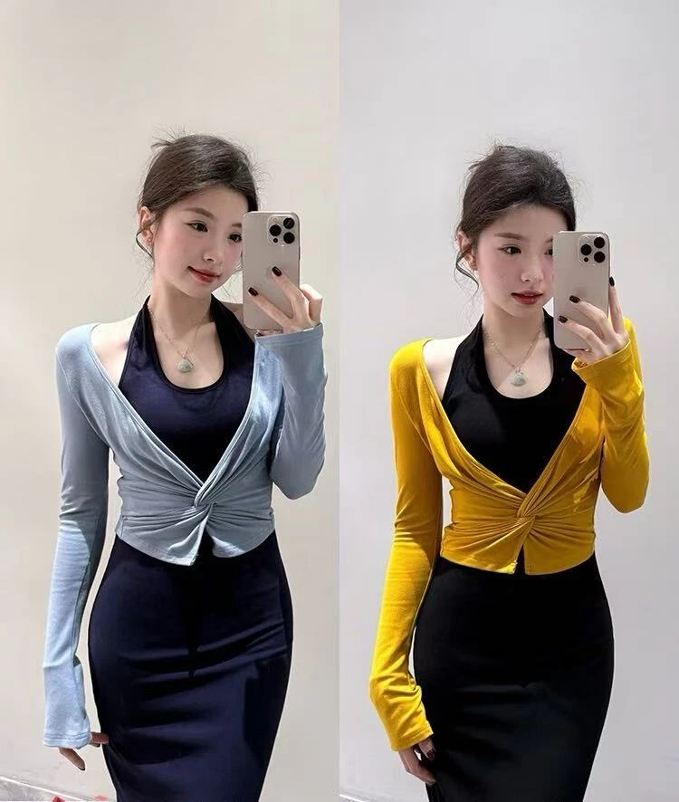 早秋新款扭结设计上衣款挂脖连衣裙撞色拼接长裙