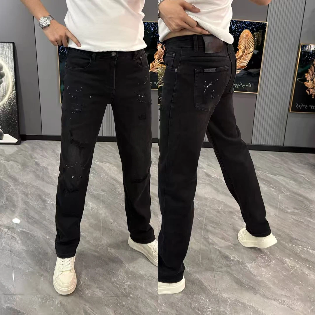 男士百搭长裤泼墨印花直筒裤修身牛仔裤男款