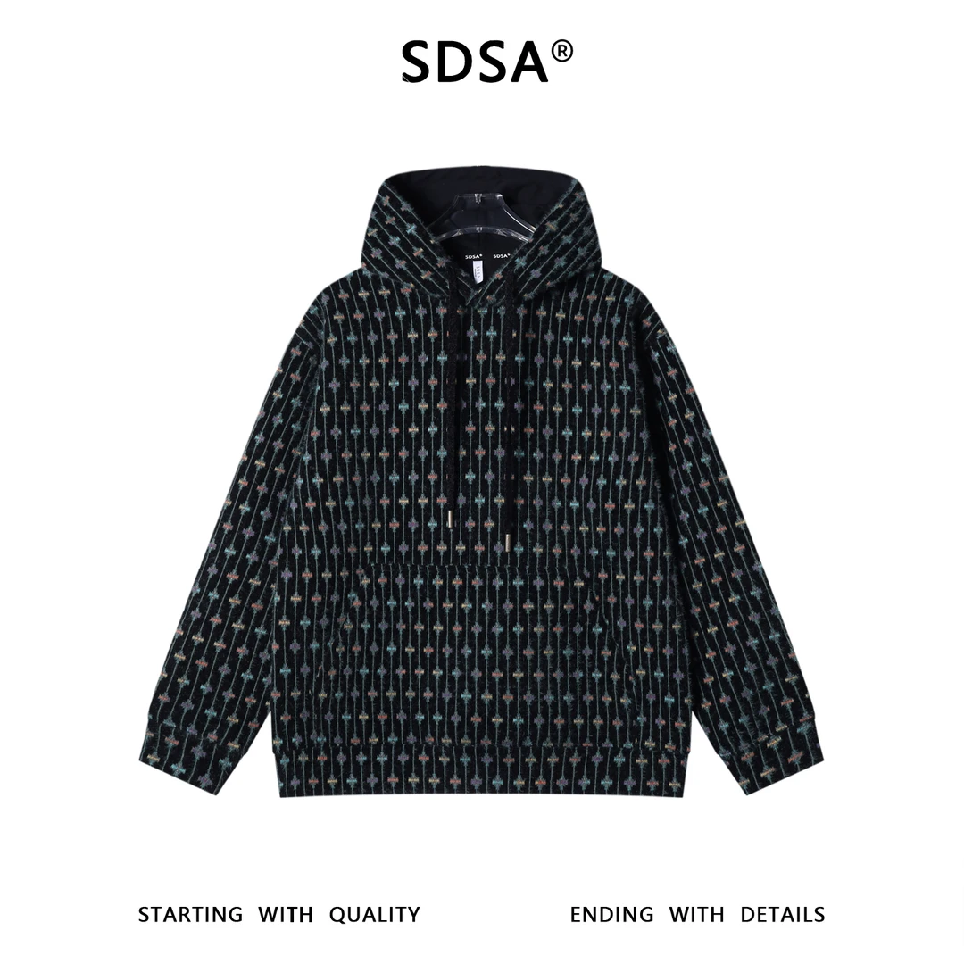 SDSA男士秋冬新款痞帅男装简约设计师撞色竖纹绒毛连帽卫衣百搭