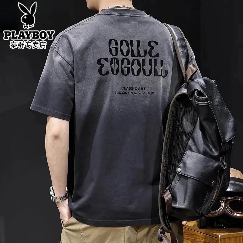 花花公子水洗渐变短袖T恤男士夏季2025新款重磅体恤大码美式复古