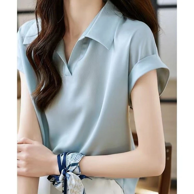 醋酸缎面女夏季新款设计感法式领小众衬衣打底别致上衣短袖韩版