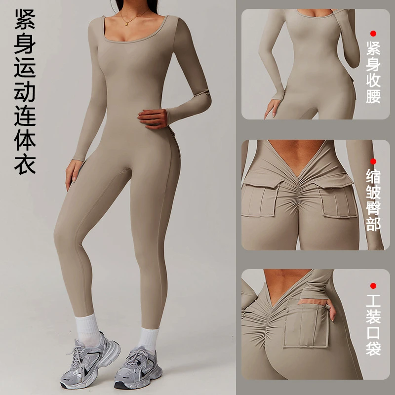 衣服跨境显瘦连衣长裤紧身高弹力有口袋褶皱连长袖一瑜伽健身衣