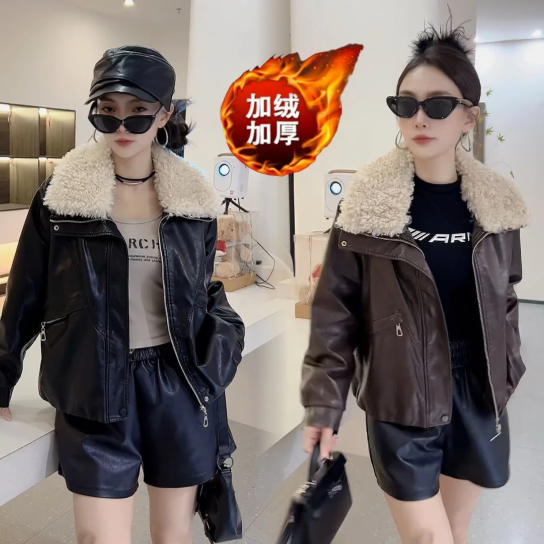 毛绒大翻领加绒加厚保暖皮衣外套女2025秋冬新款宽松显瘦上衣棉服