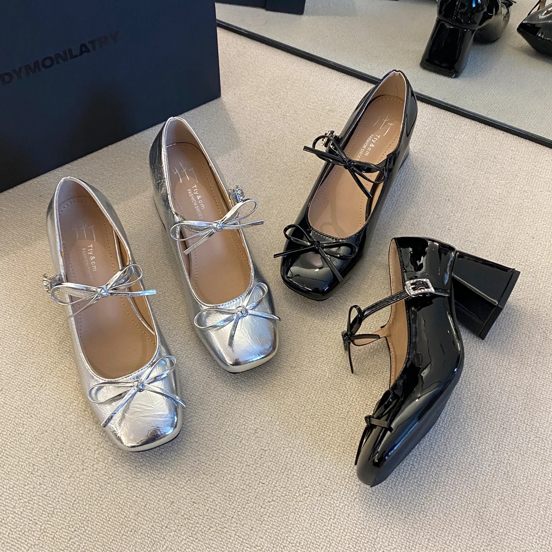 贾不假法式一字带2025夏季新款女蝴蝶结气质单鞋复古粗跟玛丽珍鞋