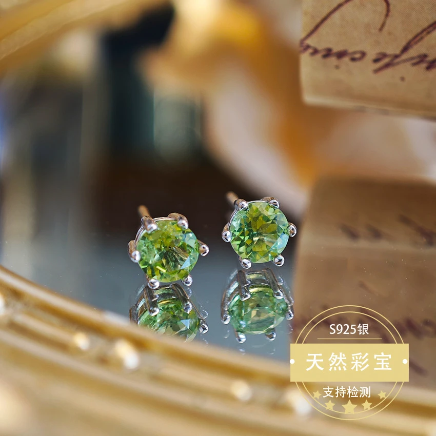 简约耳钉天然欧美男女六爪跨境天然橄榄石通用5mm耳饰品简约