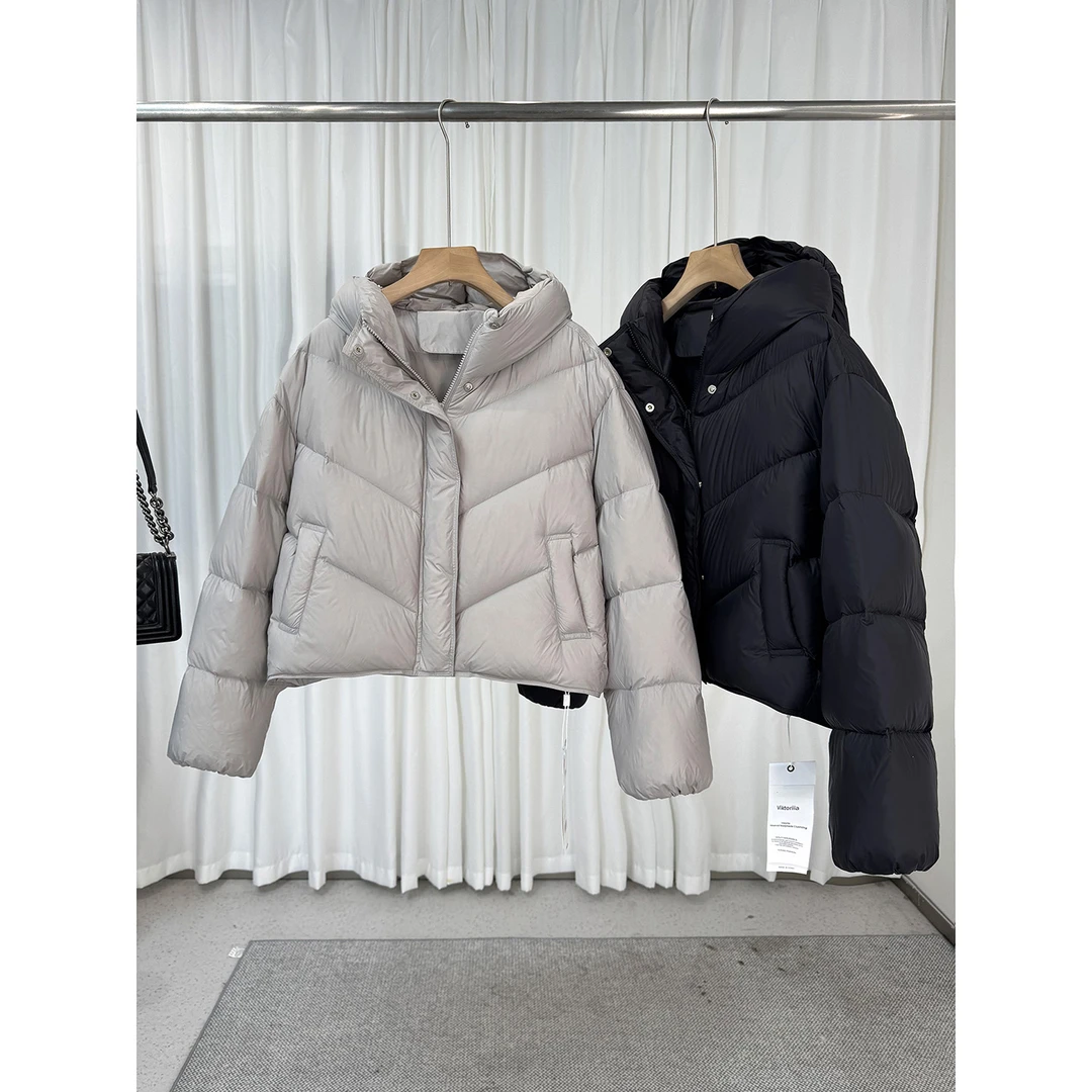 VK2025秋冬新款白鸭绒羽绒服女短款立领连帽上衣保暖外套N4951