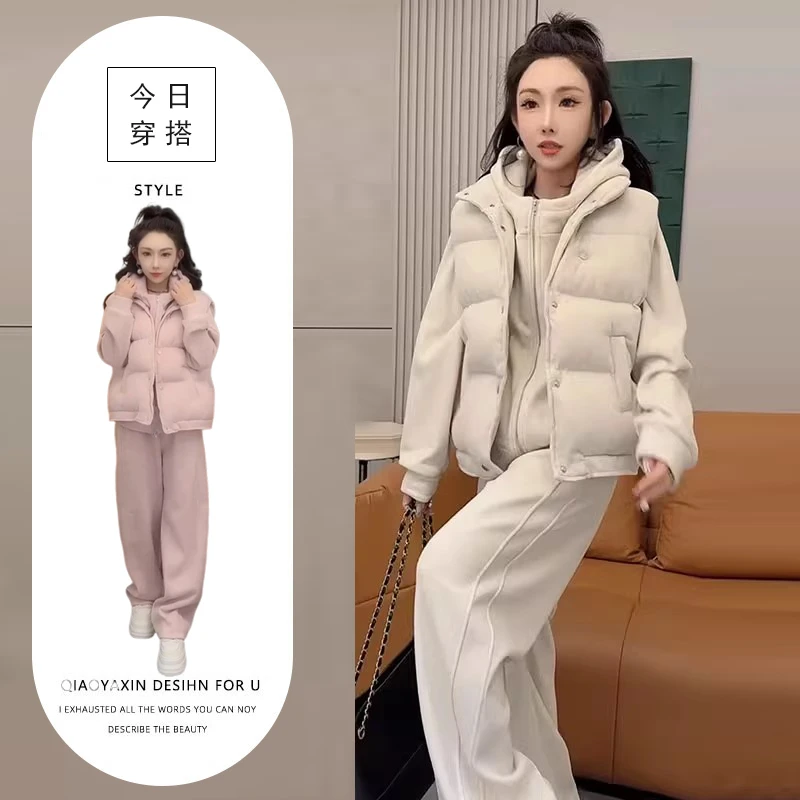 大码女装加厚马甲穿搭套装女秋冬新款高级时尚宽松显瘦卫衣三件套